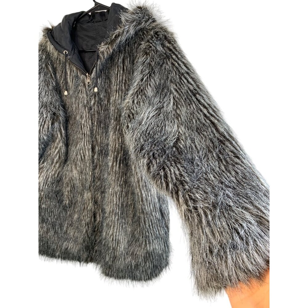 Womens Haband Faux Fur Reversible Black Silk Jacket Size M EUC Hoodie Zip 7011